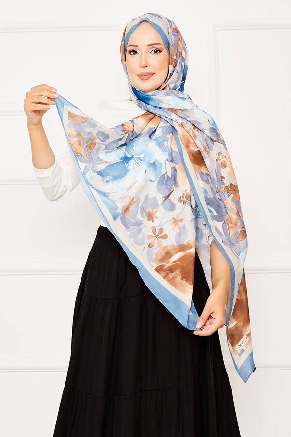 Batik Desen Çiçekli Tesettür Şal İndigo