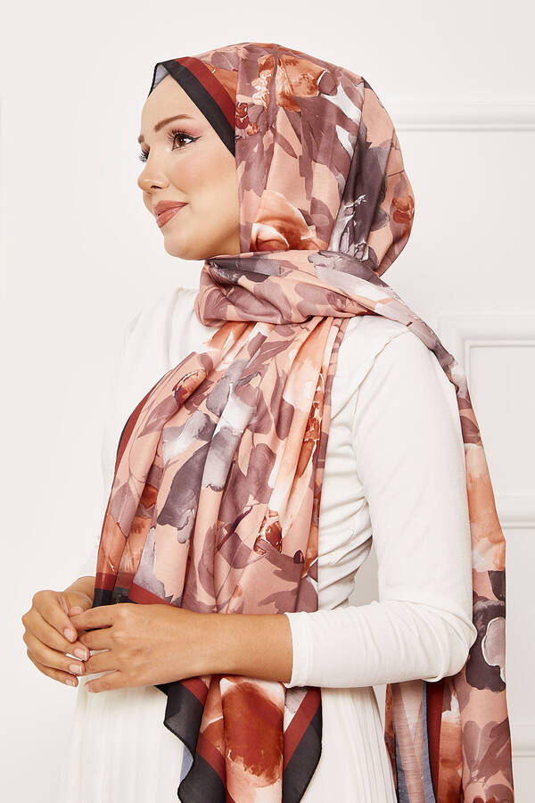 Msc - Batik Desen Çiçekli Tesettür Şal Kahve (1) Msc - Batik Desen Çiçekli Tesettür Şal Kahve (1)