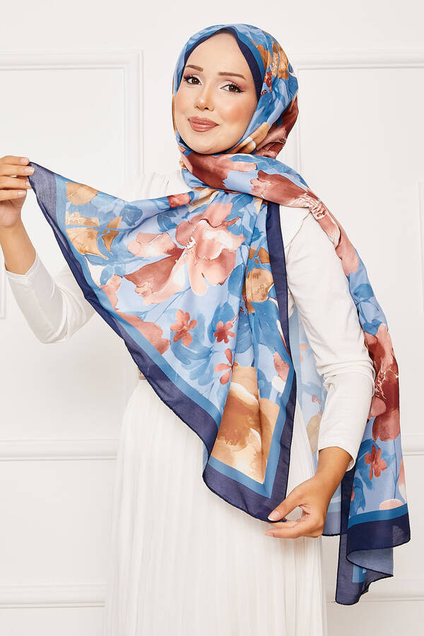 Batik Desen Çiçekli Tesettür Şal Lacivert