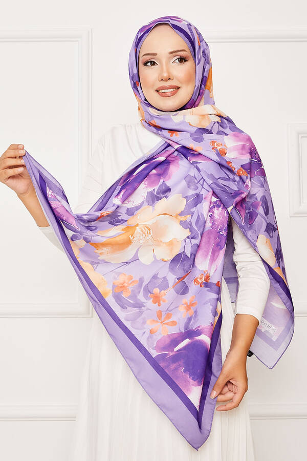 Batik Desen Çiçekli Tesettür Şal Lila
