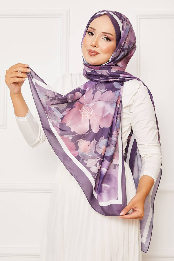 Batik Desen Çiçekli Tesettür Şal Mor