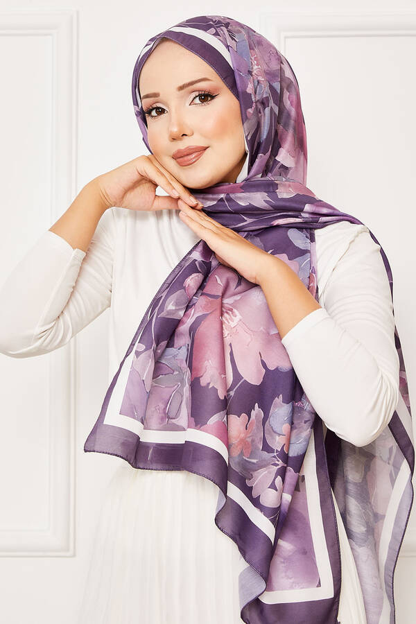 Msc - Batik Desen Çiçekli Tesettür Şal Mor (1) Msc - Batik Desen Çiçekli Tesettür Şal Mor (1)