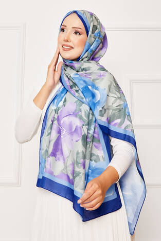 Batik Desen Çiçekli Tesettür Şal Saks - Thumbnail