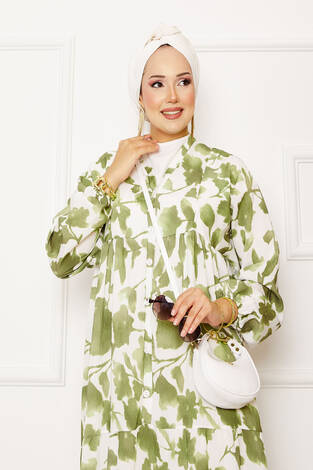 Batik Desen Modal Tesettür Elbise Haki - Thumbnail