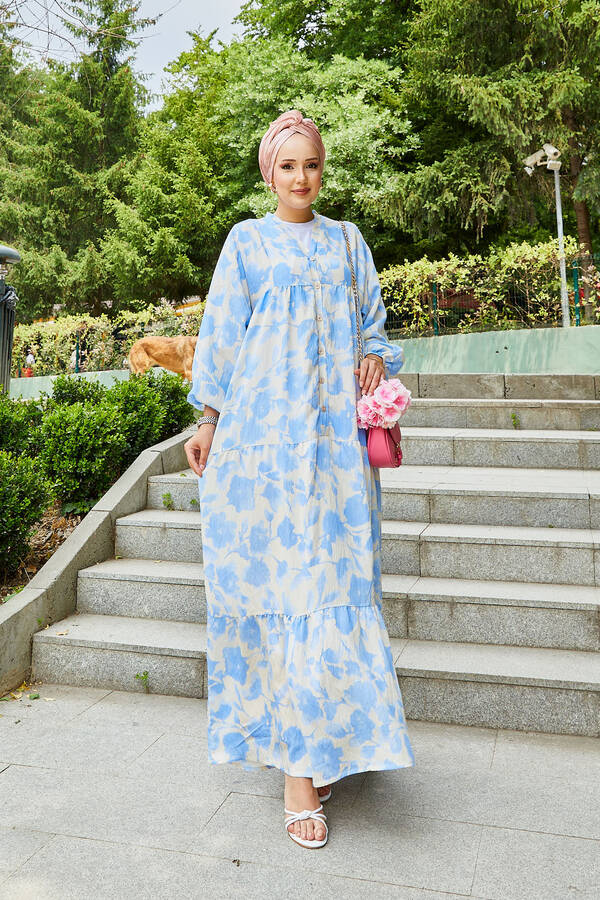 Batik Desen Modal Tesettür Elbise Mavi Batik Desen Modal Tesettür Elbise Mavi