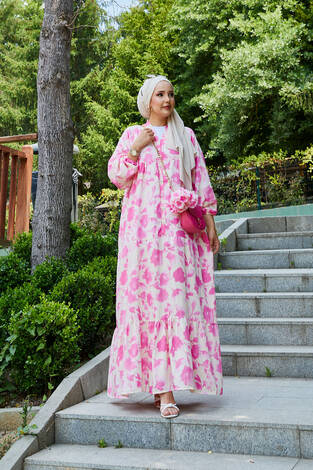 Batik Desen Modal Tesettür Elbise Pembe - Thumbnail