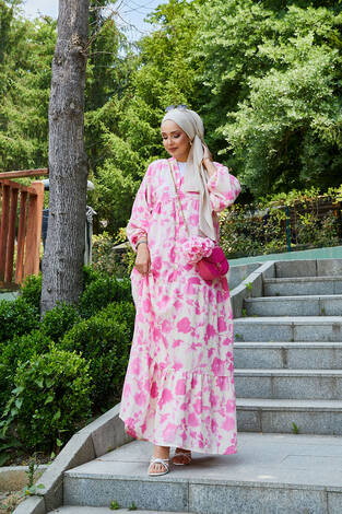Batik Desen Modal Tesettür Elbise Pembe - Thumbnail