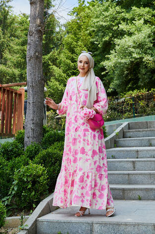 Batik Desen Modal Tesettür Elbise Pembe - Thumbnail
