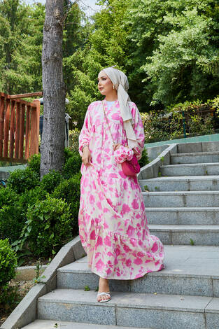 Batik Desen Modal Tesettür Elbise Pembe - Thumbnail