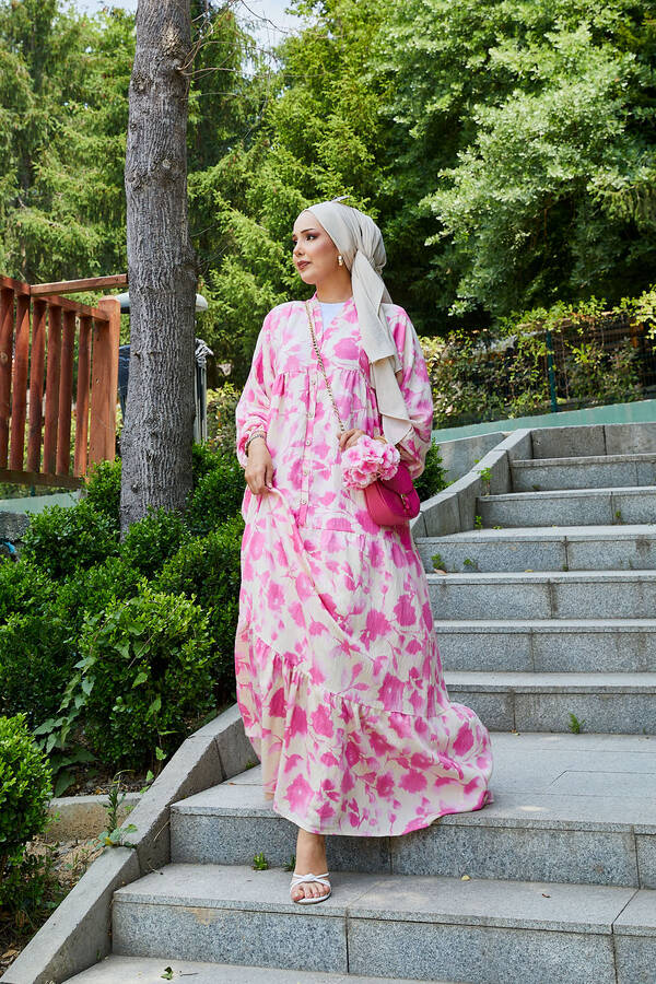 Batik Desen Modal Tesettür Elbise Pembe Batik Desen Modal Tesettür Elbise Pembe