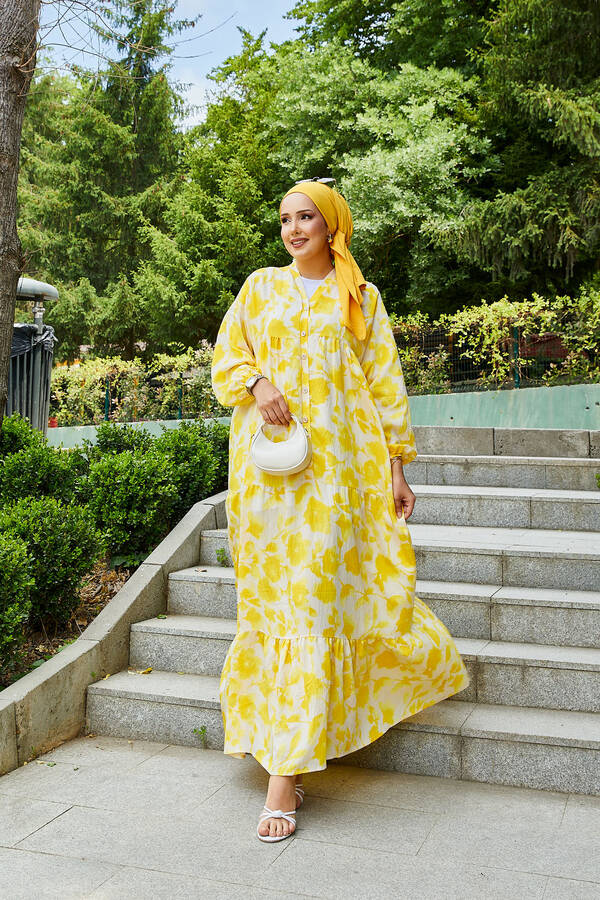 Batik Desen Modal Tesettür Elbise Sarı Batik Desen Modal Tesettür Elbise Sarı