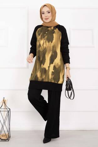 Batik Desen Ribanalı Tesettür İkili Takım Hardal - Thumbnail