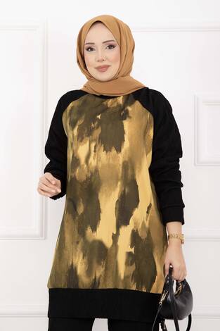 Batik Desen Ribanalı Tesettür İkili Takım Hardal - Thumbnail