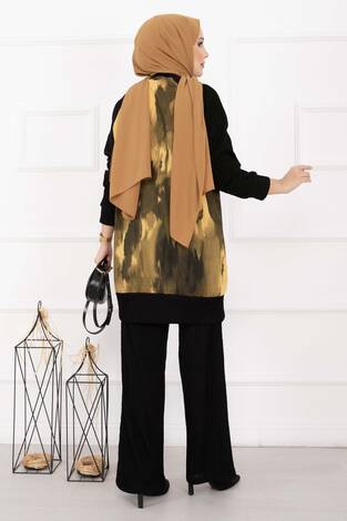 Batik Desen Ribanalı Tesettür İkili Takım Hardal - Thumbnail
