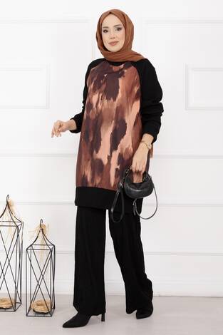 Batik Desen Ribanalı Tesettür İkili Takım Kiremit - Thumbnail