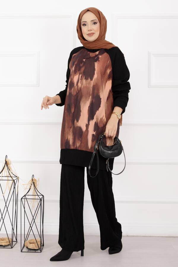 Zmr - Batik Desen Ribanalı Tesettür İkili Takım Kiremit