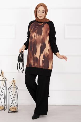 Batik Desen Ribanalı Tesettür İkili Takım Kiremit - Thumbnail