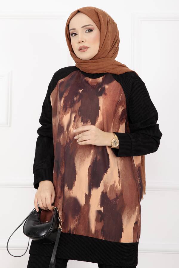 Zmr - Batik Desen Ribanalı Tesettür İkili Takım Kiremit (1)