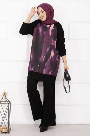Batik Desen Ribanalı Tesettür İkili Takım Mor - Thumbnail