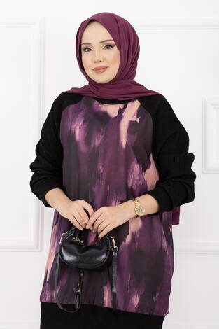 Batik Desen Ribanalı Tesettür İkili Takım Mor - Thumbnail