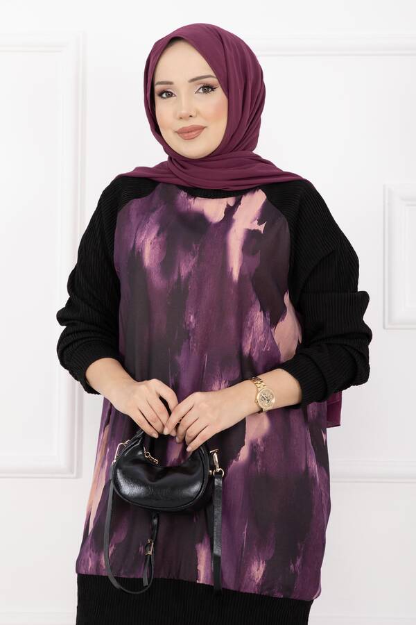 Zmr - Batik Desen Ribanalı Tesettür İkili Takım Mor (1)