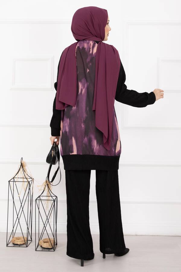 Batik Desen Ribanalı Tesettür İkili Takım Mor - 5