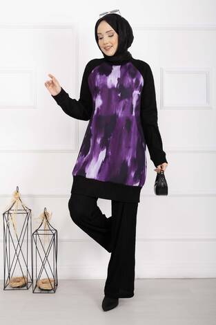 Batik Desen Ribanalı Tesettür İkili Takım Mürdüm - Thumbnail