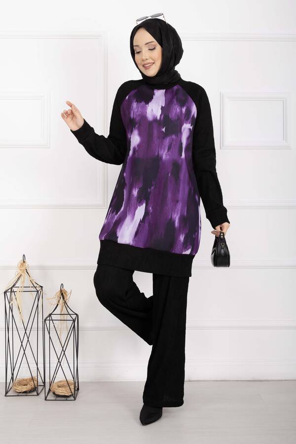 Zmr - Batik Desen Ribanalı Tesettür İkili Takım Mürdüm