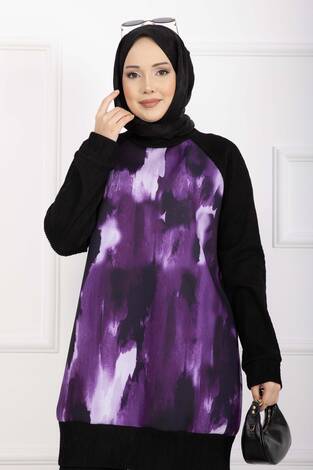 Batik Desen Ribanalı Tesettür İkili Takım Mürdüm - Thumbnail