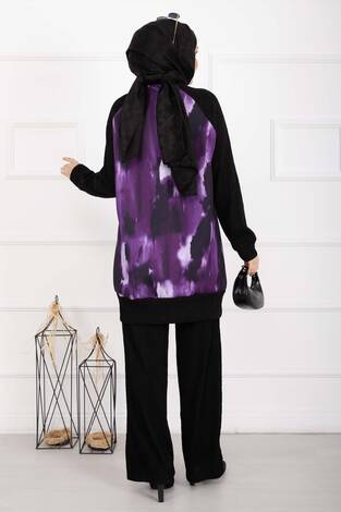 Batik Desen Ribanalı Tesettür İkili Takım Mürdüm - Thumbnail