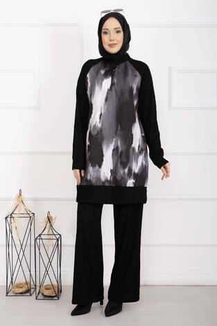Batik Desen Ribanalı Tesettür İkili Takım Siyah - Thumbnail
