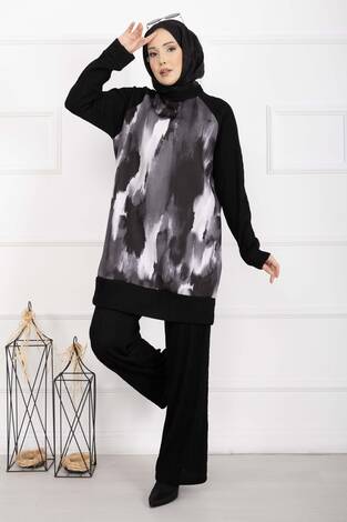 Batik Desen Ribanalı Tesettür İkili Takım Siyah - Thumbnail