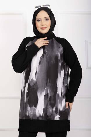 Batik Desen Ribanalı Tesettür İkili Takım Siyah - Thumbnail