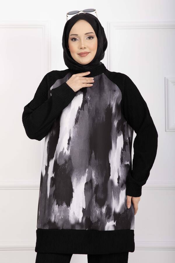 Zmr - Batik Desen Ribanalı Tesettür İkili Takım Siyah (1)