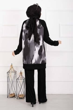 Batik Desen Ribanalı Tesettür İkili Takım Siyah - Thumbnail