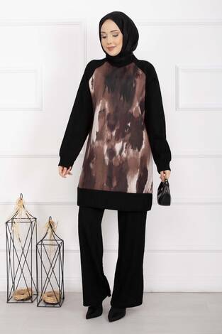 Batik Desen Ribanalı Tesettür İkili Takım Taba