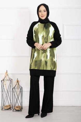 Batik Desen Ribanalı Tesettür İkili Takım Yağ Yeşil