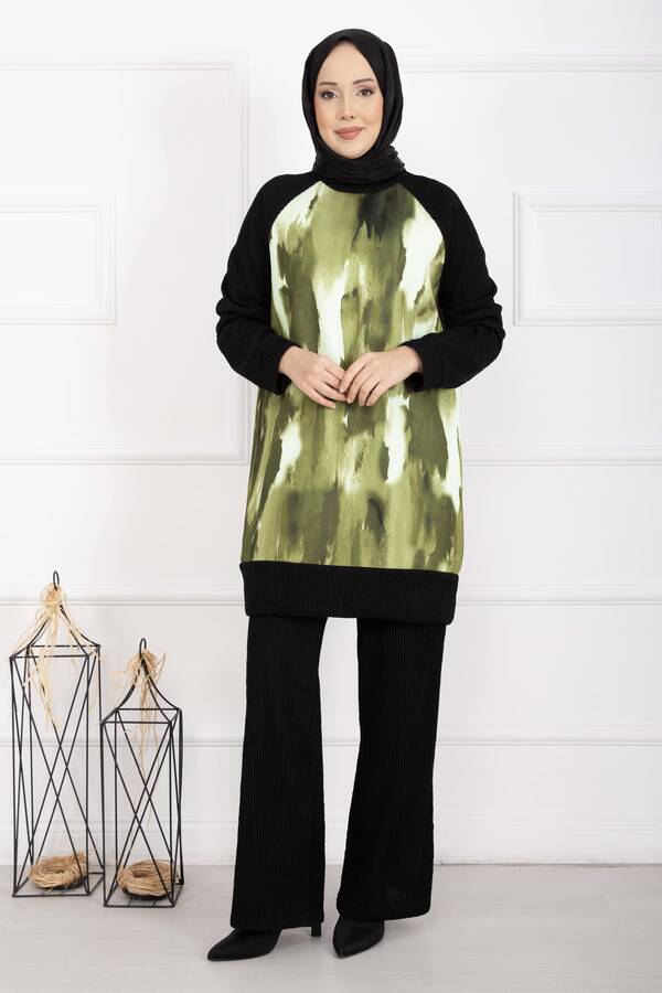 Zmr - Batik Desen Ribanalı Tesettür İkili Takım Yağ Yeşil