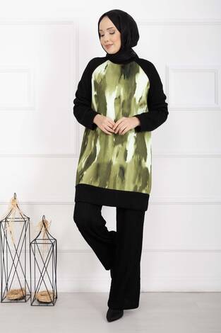 Batik Desen Ribanalı Tesettür İkili Takım Yağ Yeşil - Thumbnail