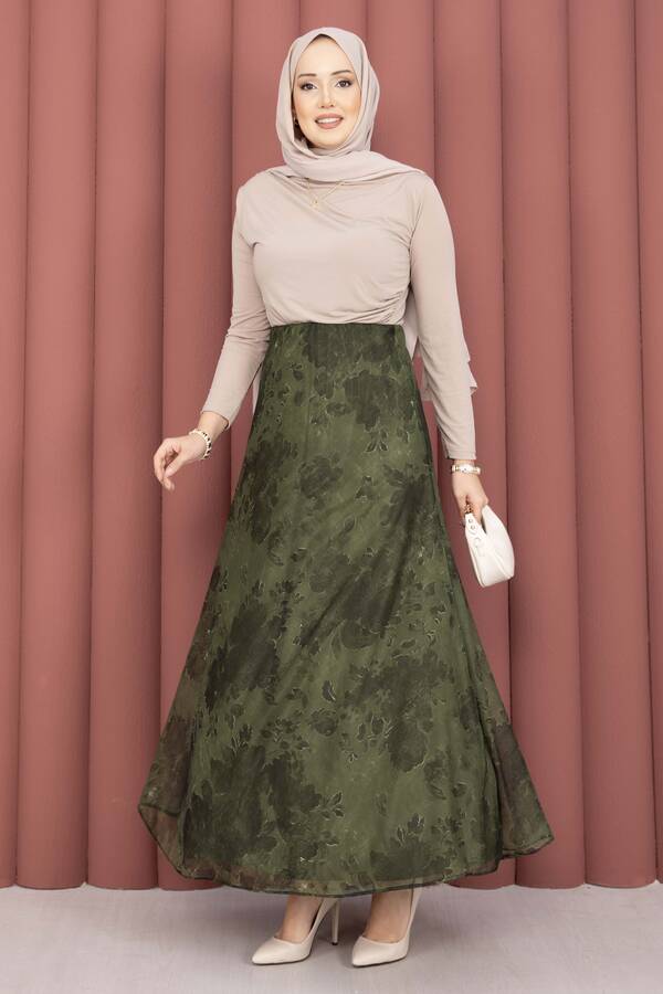 Svs - Batik Desen Tül Etek Haki