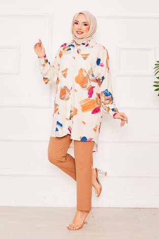 Batik Desen Viskon Tunik Bej - Thumbnail
