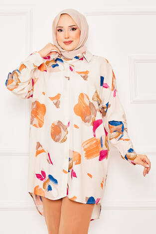 Batik Desen Viskon Tunik Bej - Thumbnail
