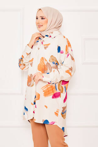 Batik Desen Viskon Tunik Bej - Thumbnail