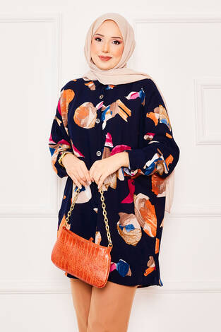 Batik Desen Viskon Tunik Lacivert - Thumbnail