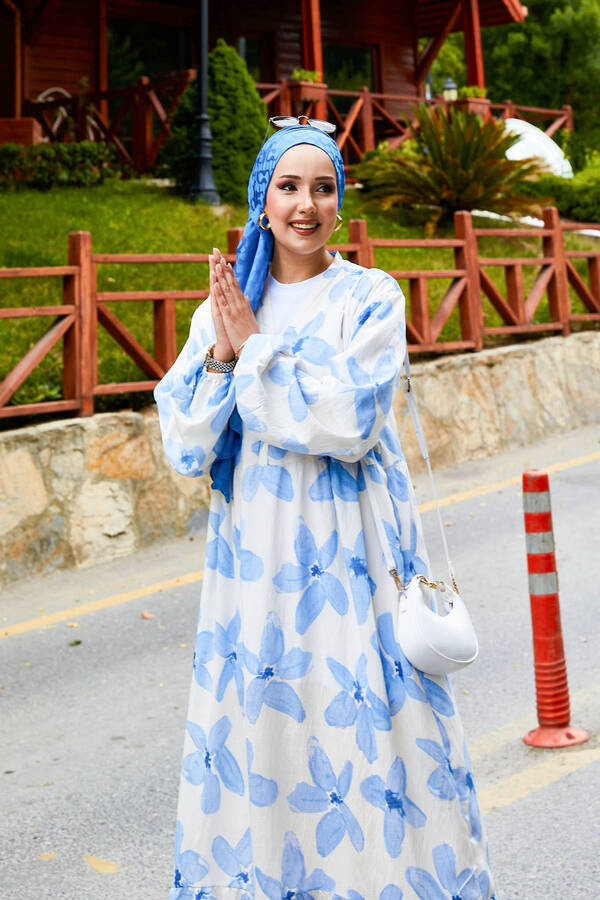 Mlk - Battal Beden Yarım Düğmeli Desenli Elbise Mavi (1) Mlk - Battal Beden Yarım Düğmeli Desenli Elbise Mavi (1)