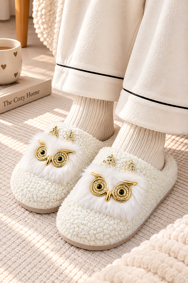 Baykuş Figürlü Peluş Ev Terliği Ekru