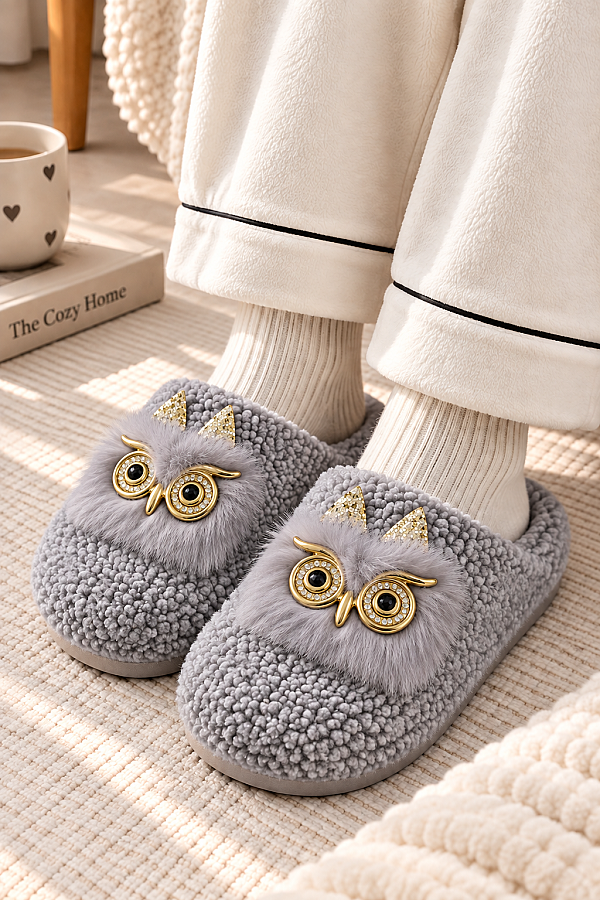 Baykuş Figürlü Peluş Ev Terliği Gri
