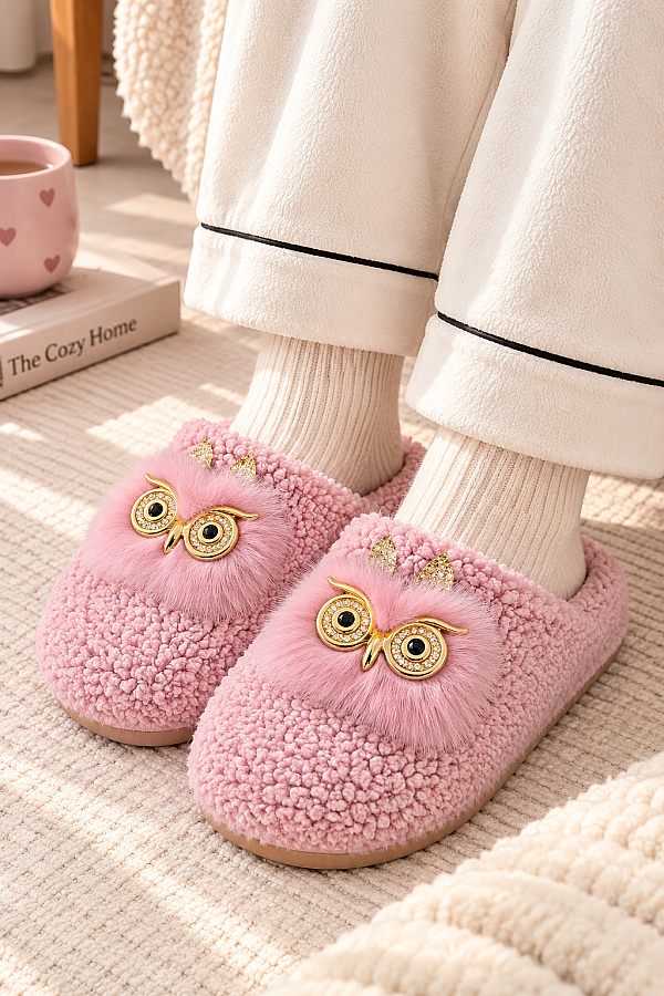 Baykuş Figürlü Peluş Ev Terliği Pudra