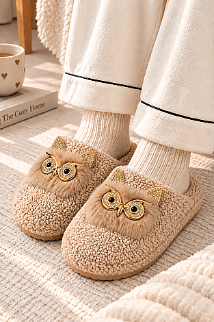 Baykuş Figürlü Peluş Ev Terliği Vizon 