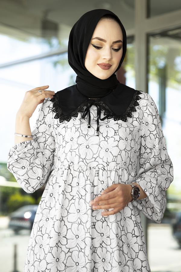 MD - Bebe Yaka Çiçek Desenli Elbise 100MD-10324 Beyaz (1)